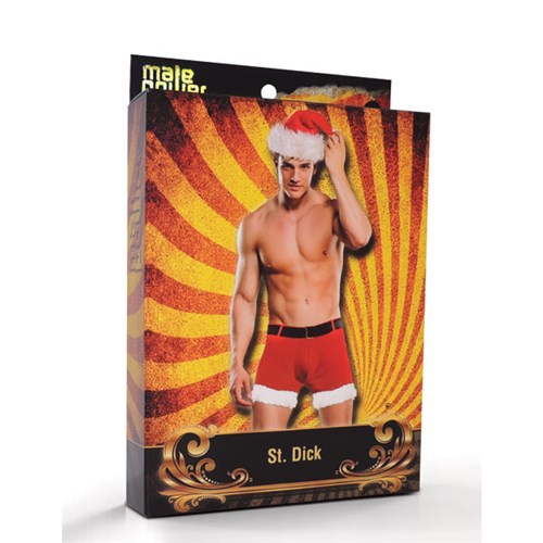 male posed wearing Santa Claus attire on packaging