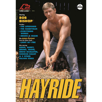 Blonde male shirtless lifting hay bail