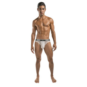 Brunette male in white thong