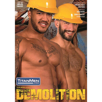 Two topless males in hard hats Demolition