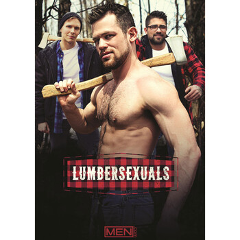Male posing topless with axe and two other males lumbersexuals