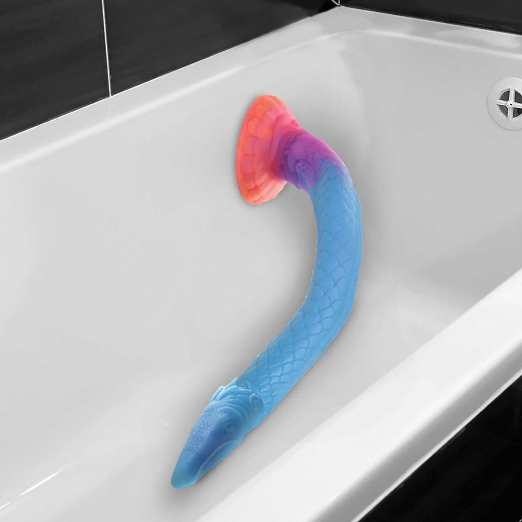 Makara - Glow-in-the-Dark Silicone Snake Dildo suction on bath tub