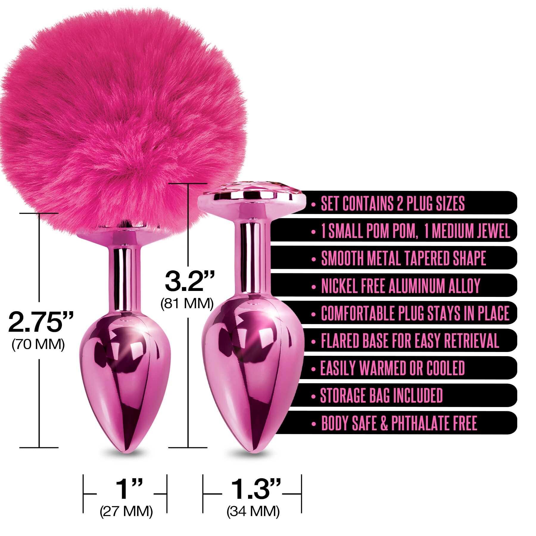 NIXIE Metal Butt Plug Set Pom Pom and Jewel Inlaid Metallic pink