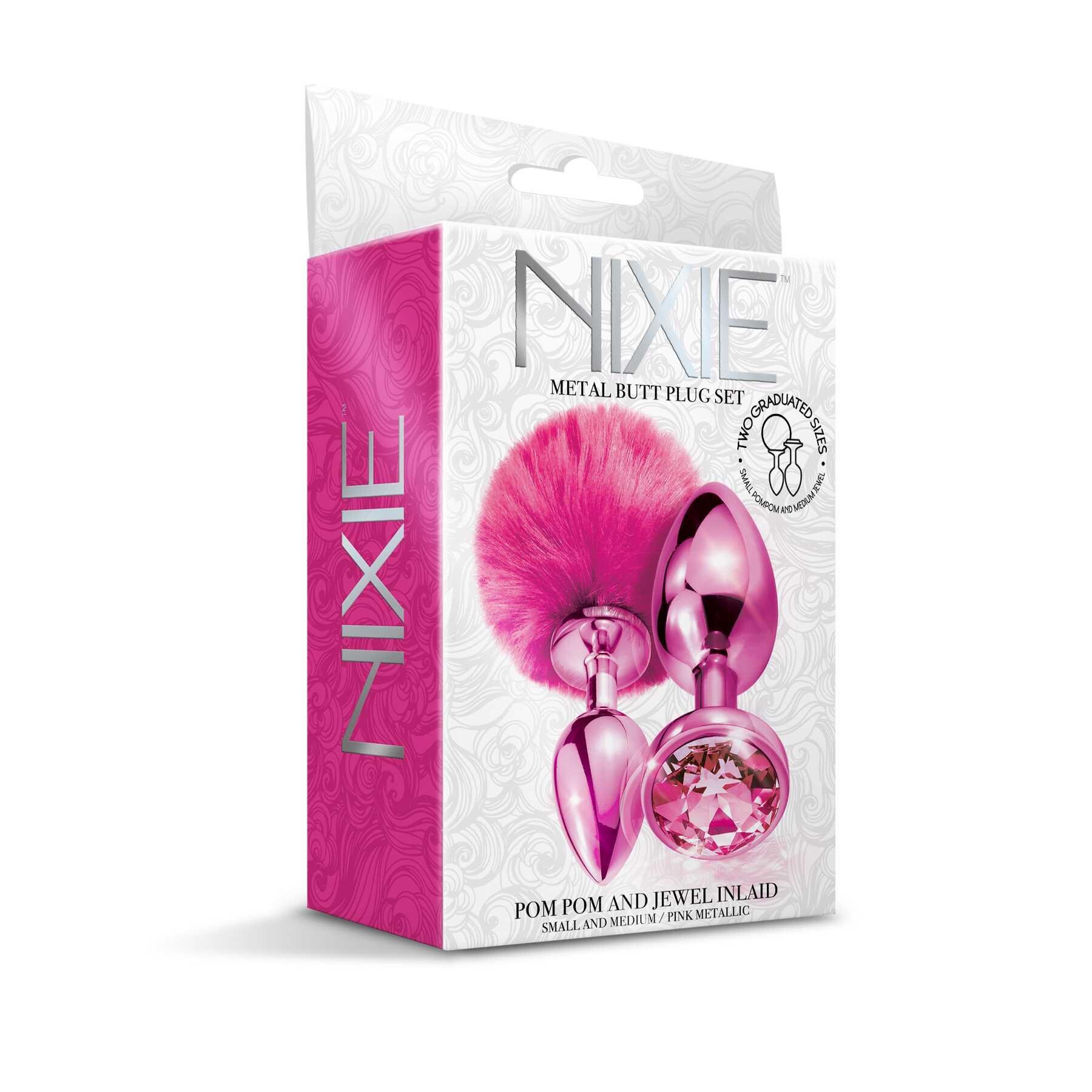 NIXIE Metal Butt Plug Set Pom Pom and Jewel Inlaid Metallic pink