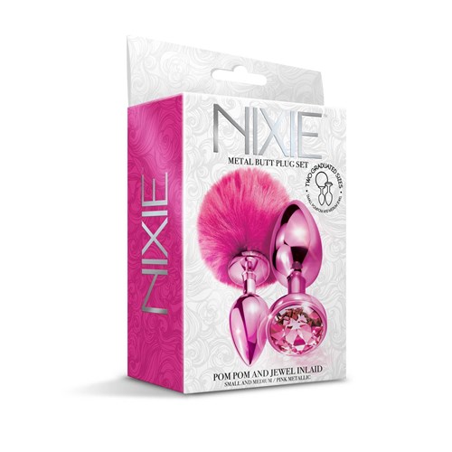 NIXIE Metal Butt Plug Set Pom Pom and Jewel Inlaid Metallic pink