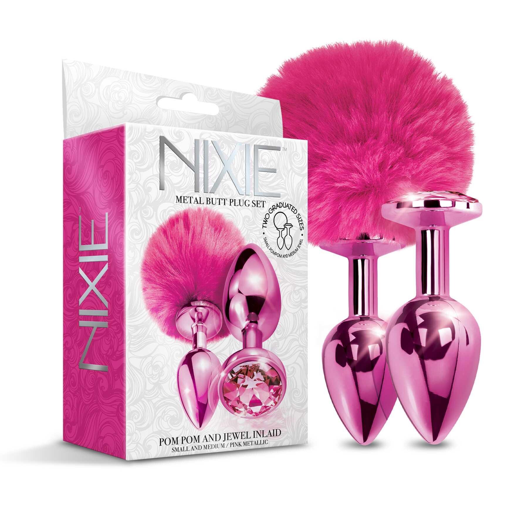 NIXIE Metal Butt Plug Set Pom Pom and Jewel Inlaid Metallic pink