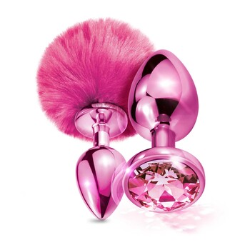 NIXIE Metal Butt Plug Set Pom Pom and Jewel Inlaid Metallic pink