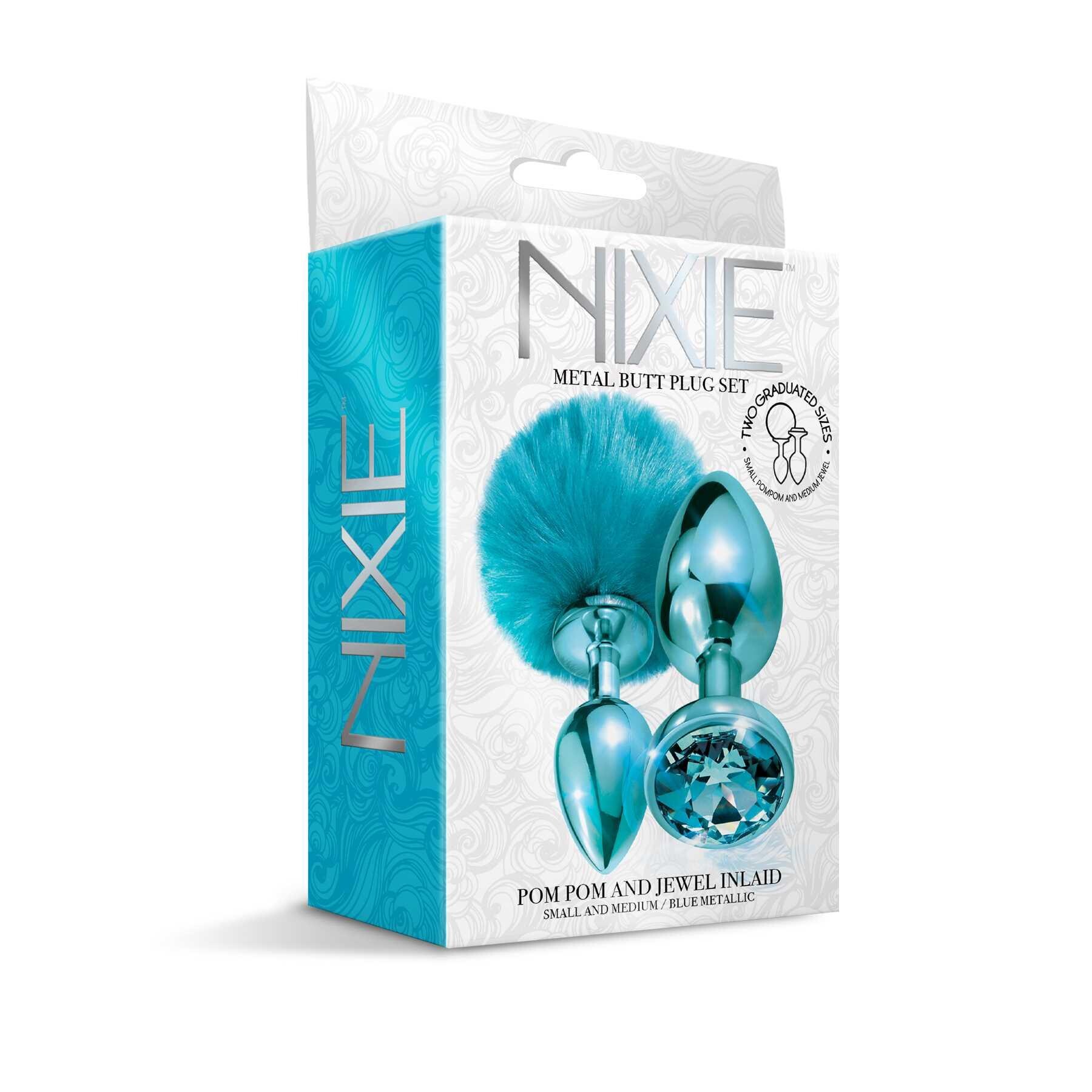 NIXIE Metal Butt Plug Set Pom Pom and Jewel Inlaid Metallic blue