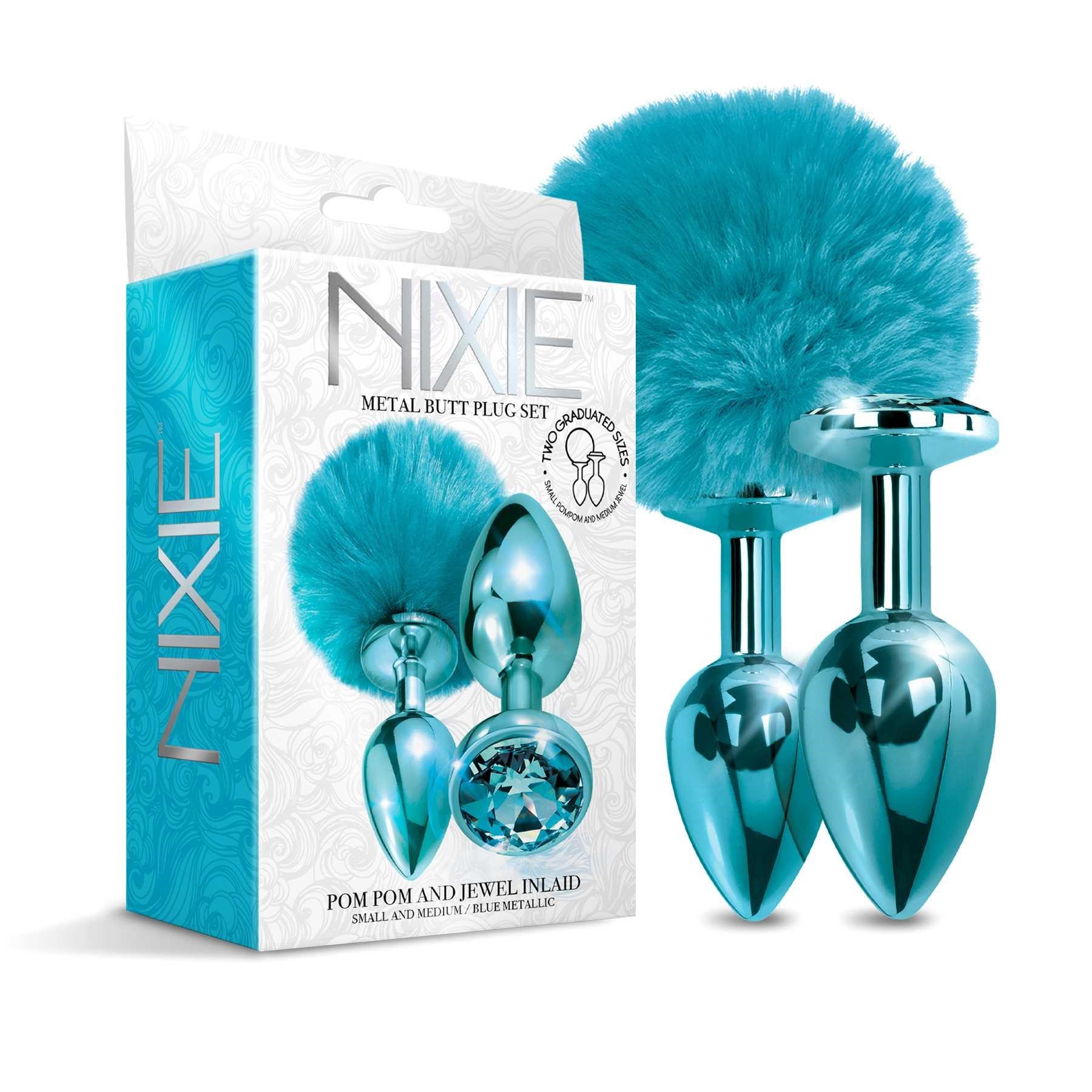 NIXIE Metal Butt Plug Set Pom Pom and Jewel Inlaid Metallic blue