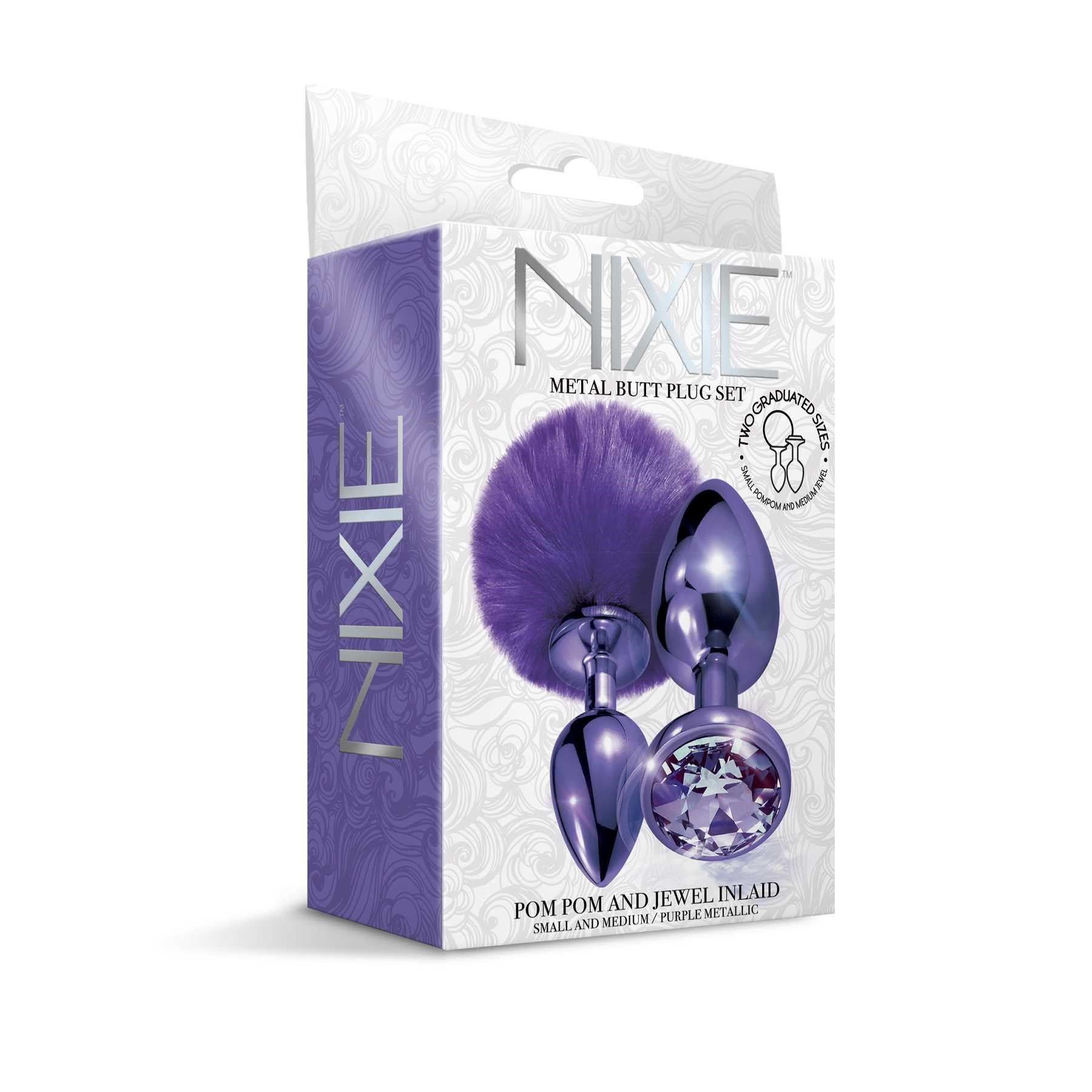 NIXIE Metal Butt Plug Set Pom Pom and Jewel Inlaid Metallic purple