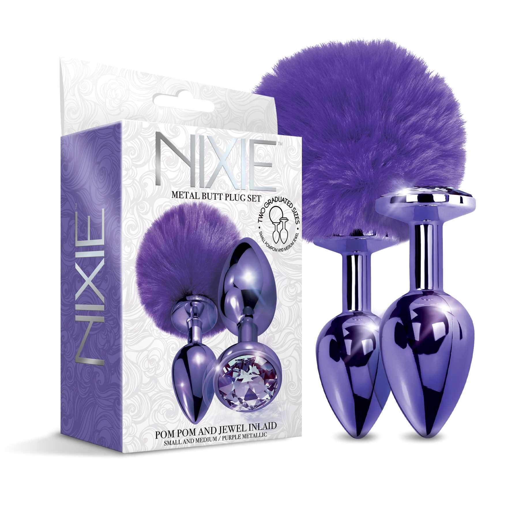 NIXIE Metal Butt Plug Set Pom Pom and Jewel Inlaid Metallic purple