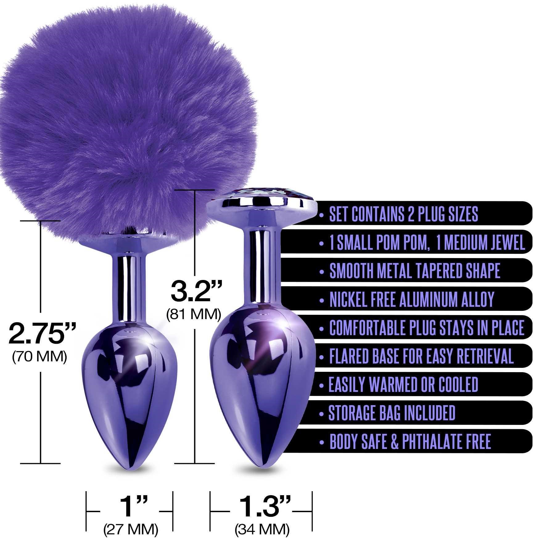 NIXIE Metal Butt Plug Set Pom Pom and Jewel Inlaid Metallic purple
