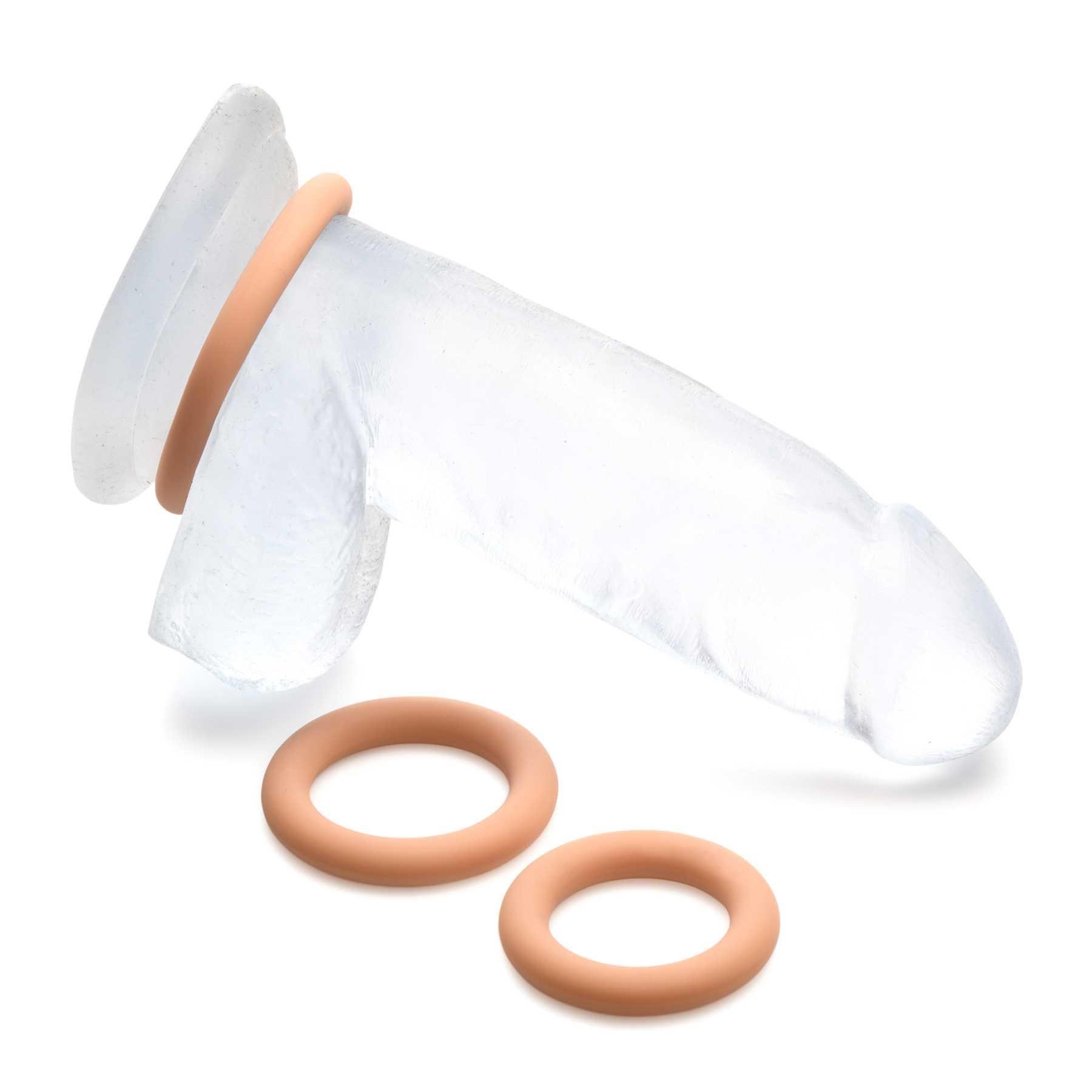 Jock Silicone Cock Ring Set tan on dildo