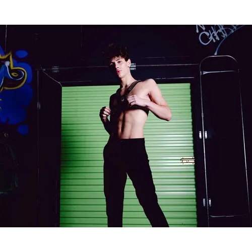 Male model wearing leather harness front view