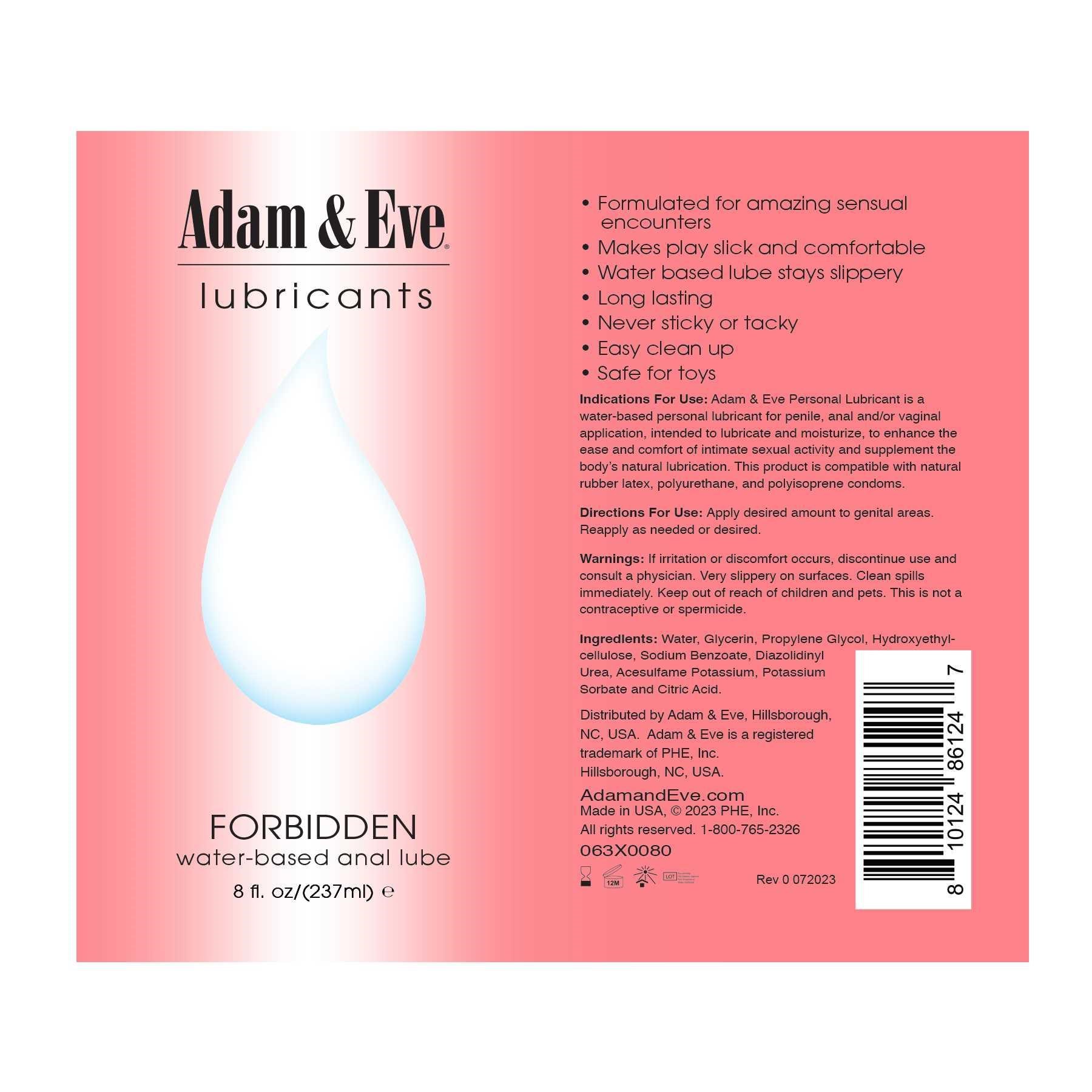 ADAM AND EVE FORBIDDEN ANAL LUBRICANT 8 oz.