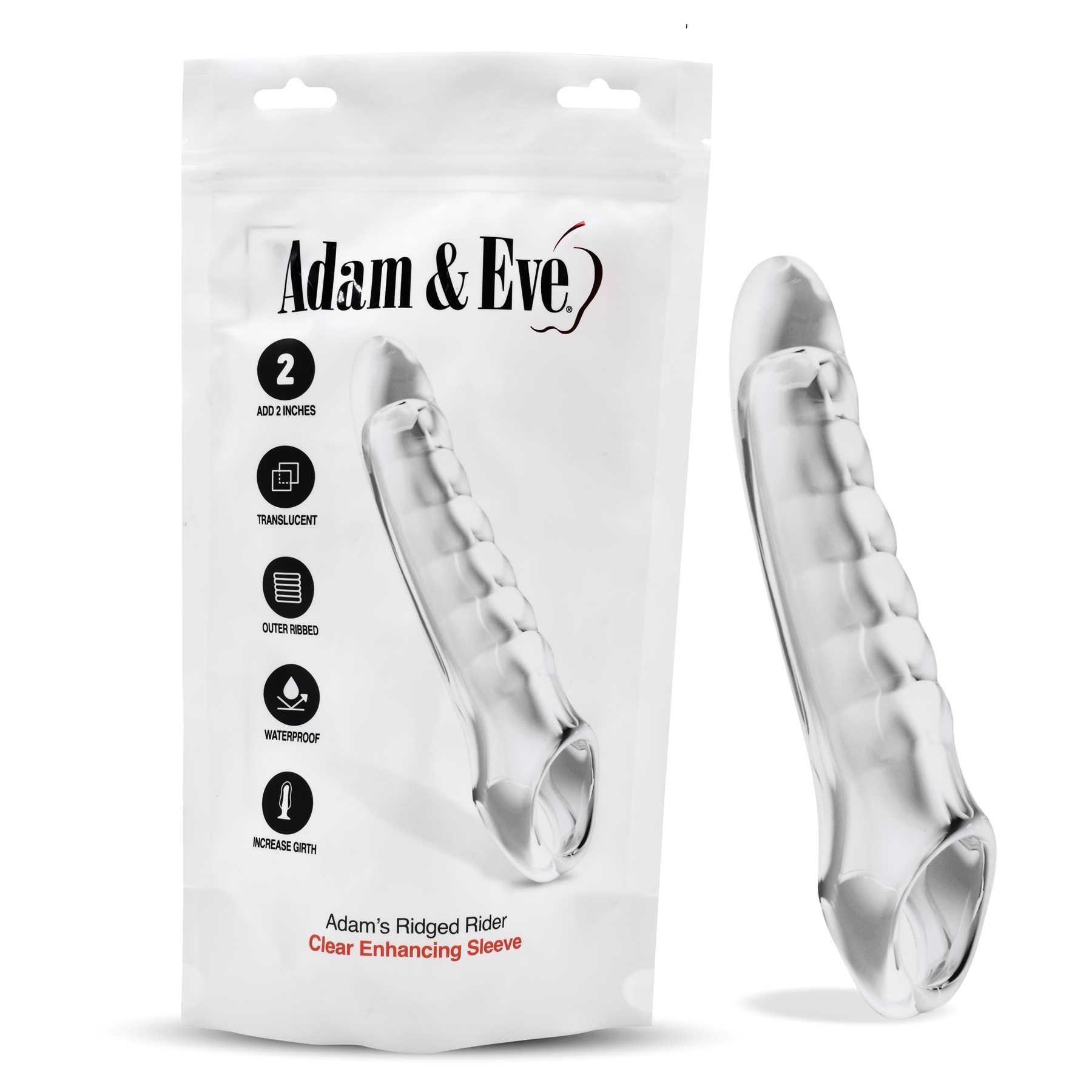 ADAM'S RIDGED RIDER Clear Enhancer Sleeve product and package