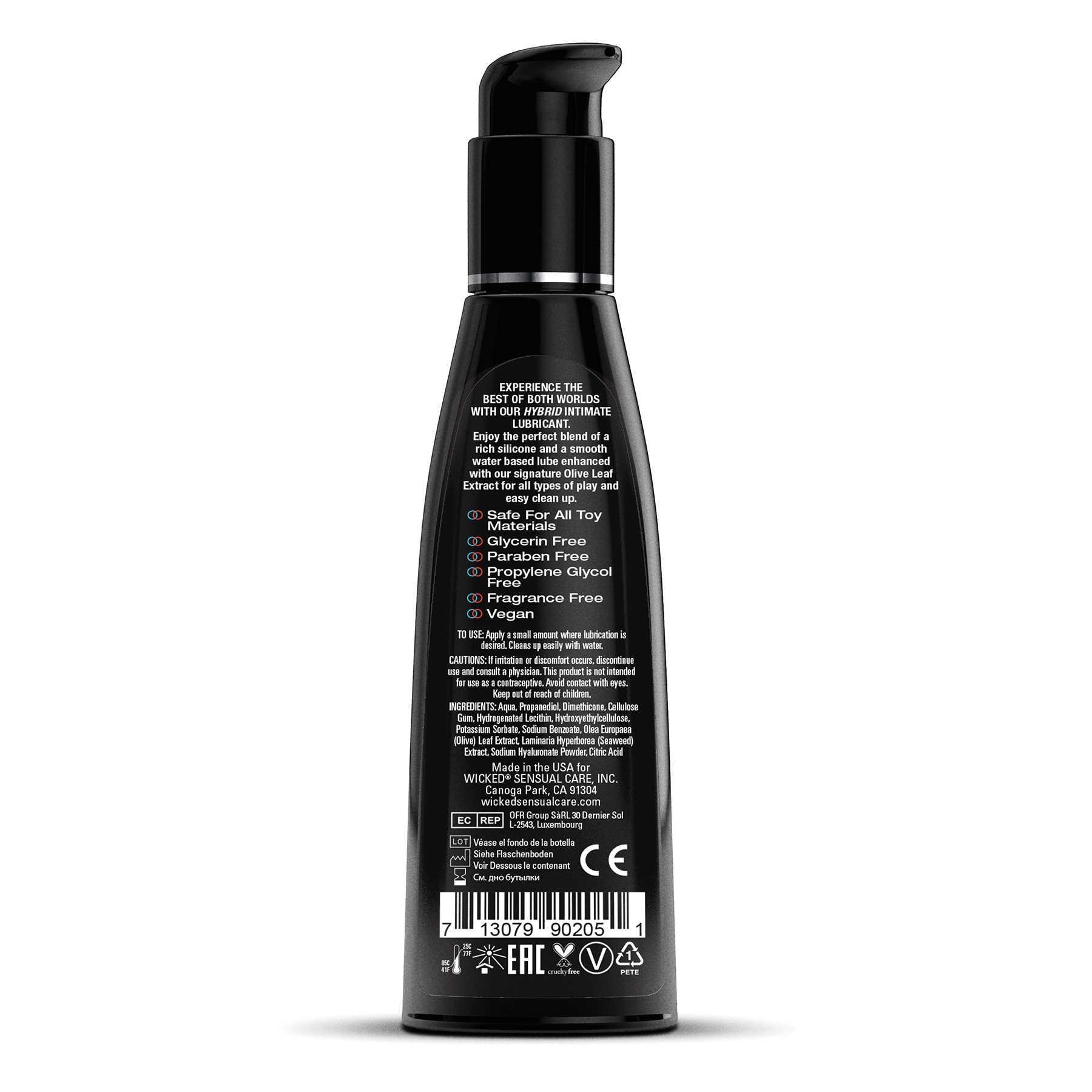 Wicked Hybrid Lubricant 4 ounce back of bottle
