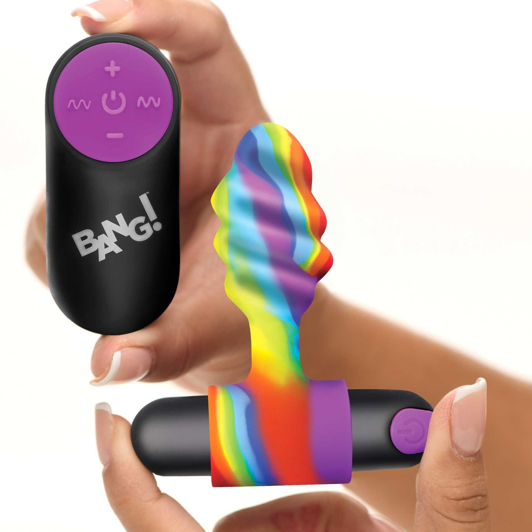 Bang! Vibrating Rainbow Butt Plug hand held