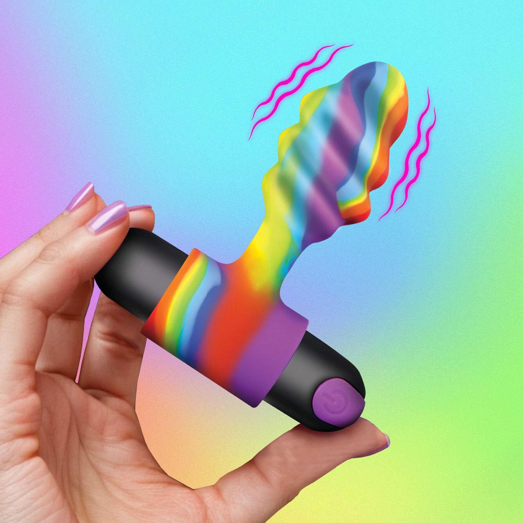 Bang! Vibrating Rainbow Butt Plug hand held